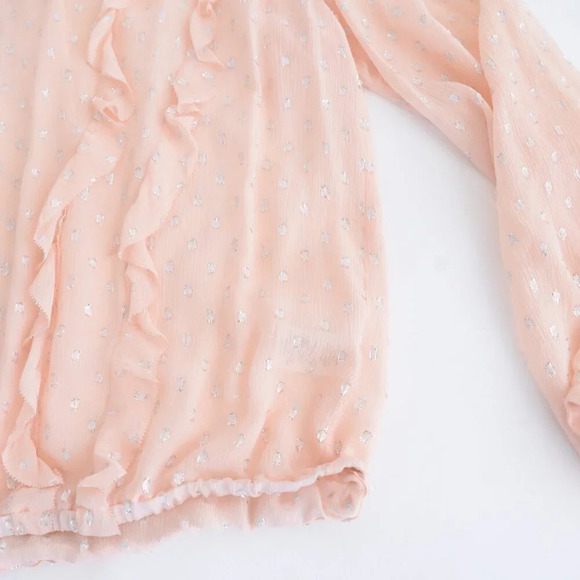 Rebecca Taylor Peach Silk Polka Dot Metallic Tie Neck Ruffle Long Sleeve Blouse2 - Picture 6 of 11